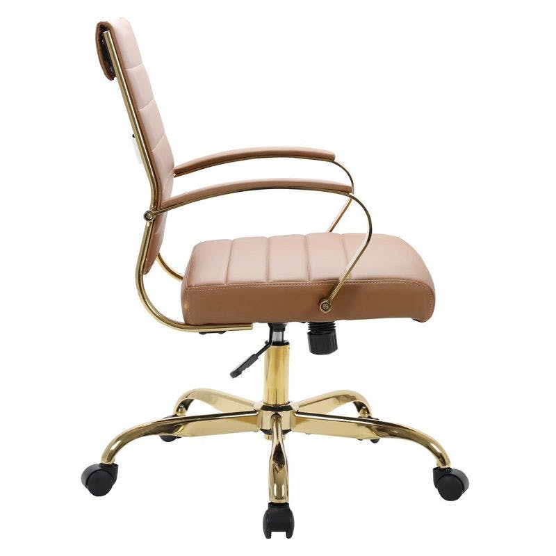 Mid-Century Swivel Office Chair in Brown Faux Leather and Gold Metal