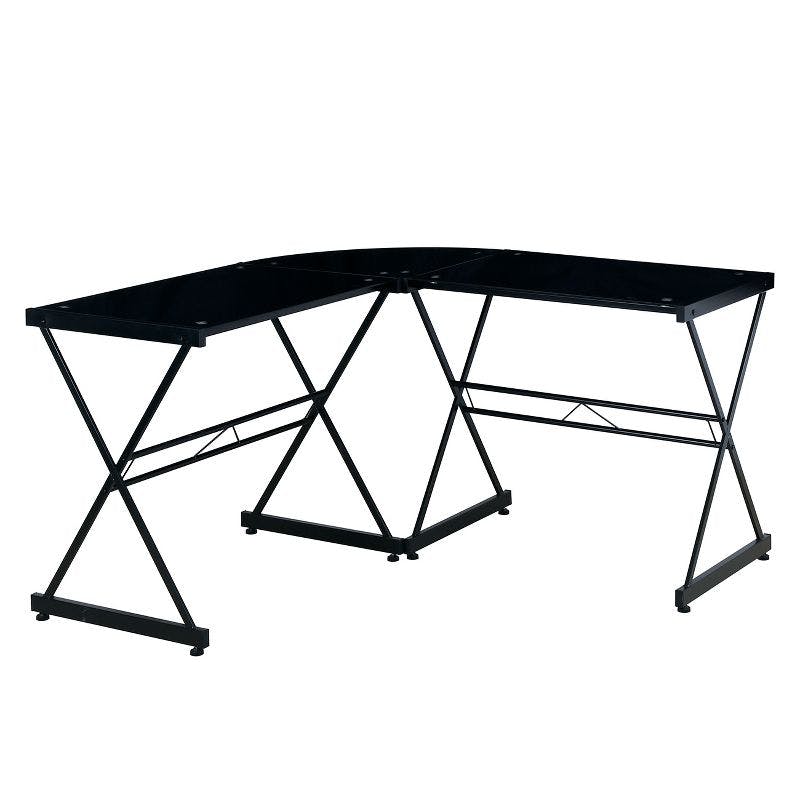 Sleek Black L-Shaped Gaming Desk with Tempered Glass Top and Steel Frame