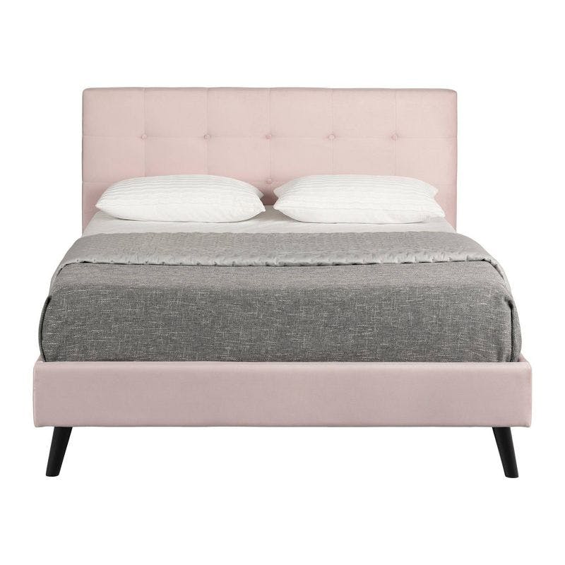 Regal Velvet Queen Platform Bed with Plush Upholstered Headboard, Pale Pink