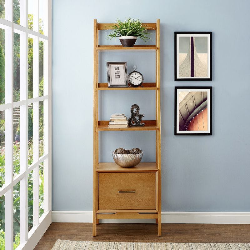 Mid-Century Modern Acorn Brown Wood Ladder Bookcase