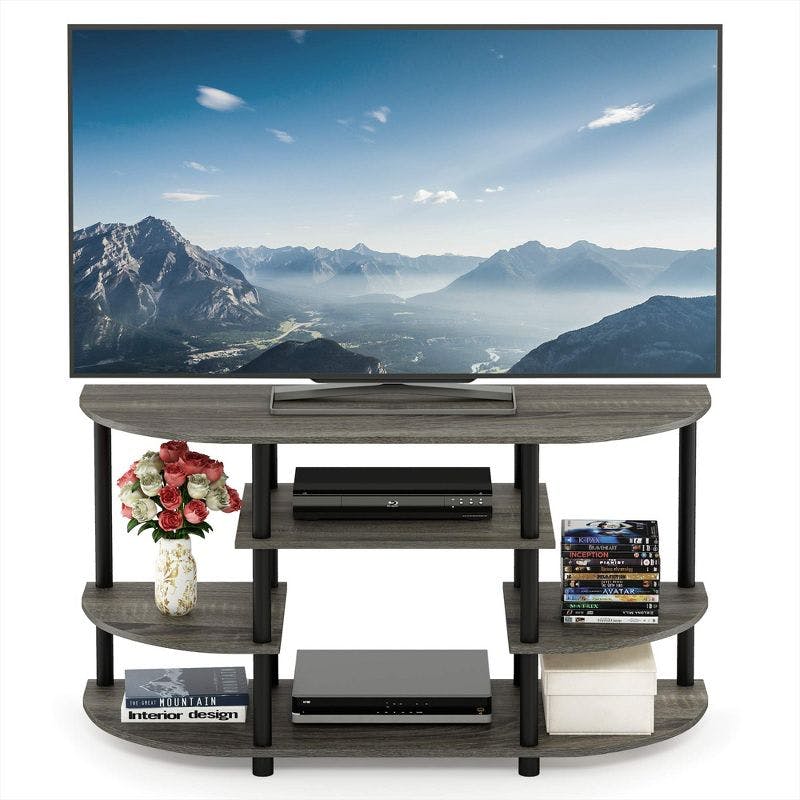 French Oak Grey/Black Wood Corner TV Stand with Open Shelves