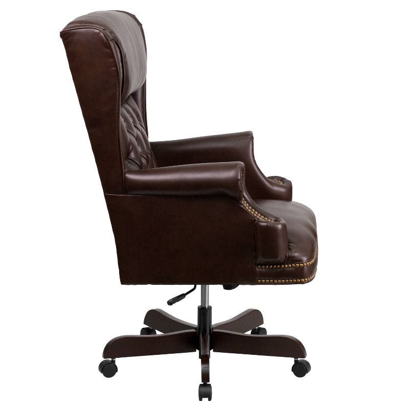 Ergonomic High-Back Executive Chair in Brown LeatherSoft with Mahogany Wood Base