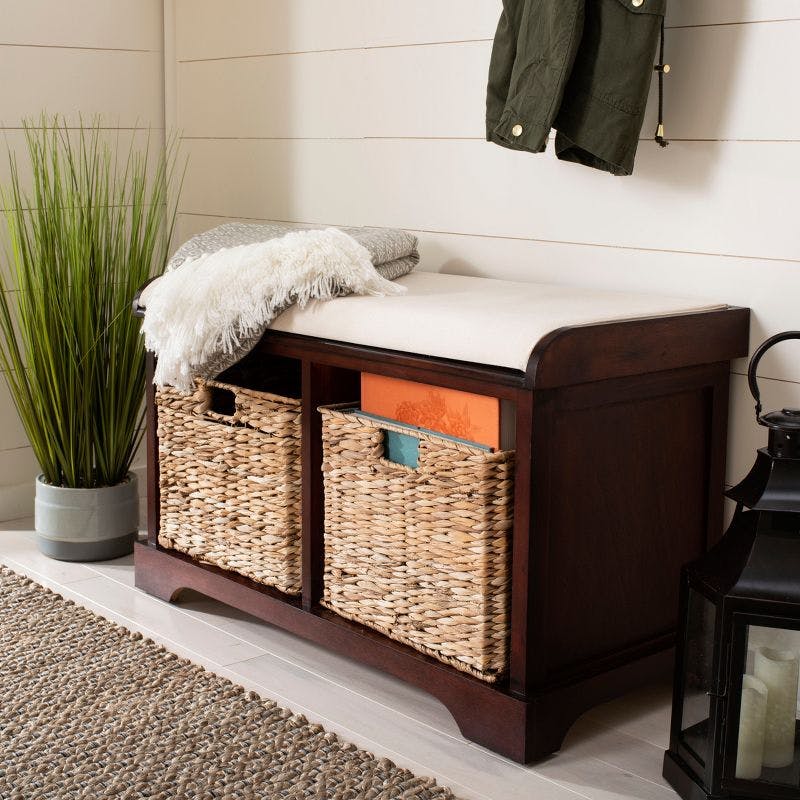 Cherry Pine Transitional Wicker Storage Bench with Linen Cushion