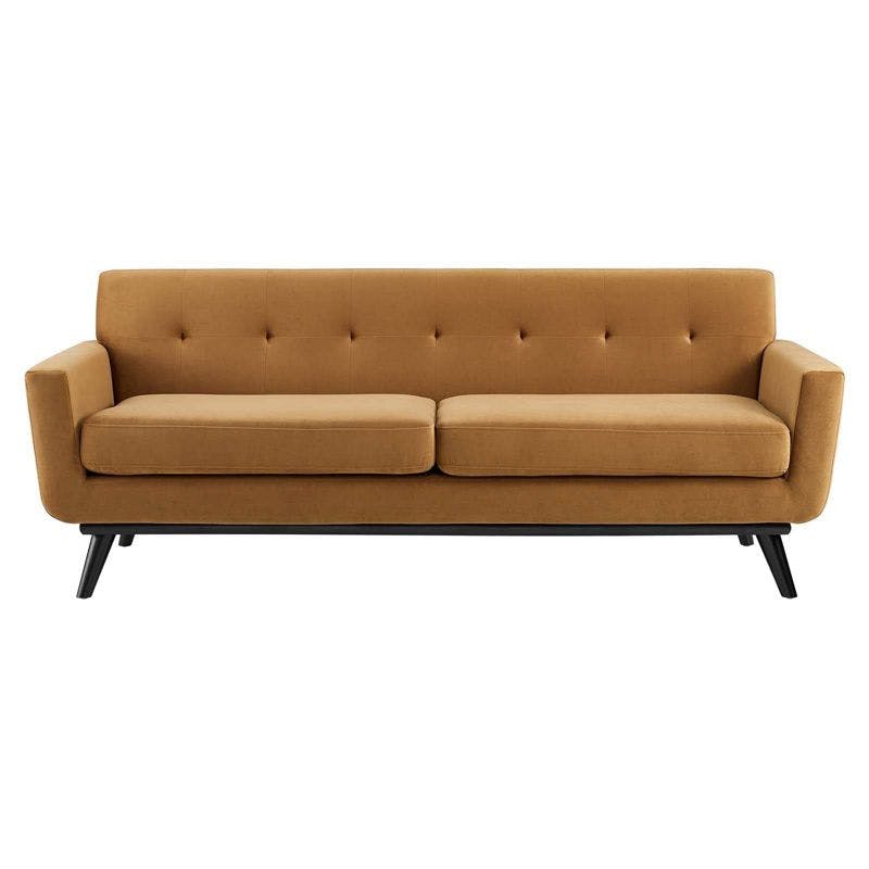 Cognac Velvet Tufted Sofa with Removable Cushions, 91"