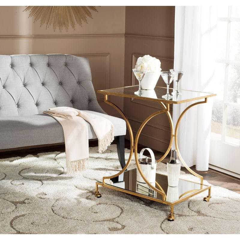 Transitional Gold 2-Tier Mirrored Bar Cart with Storage