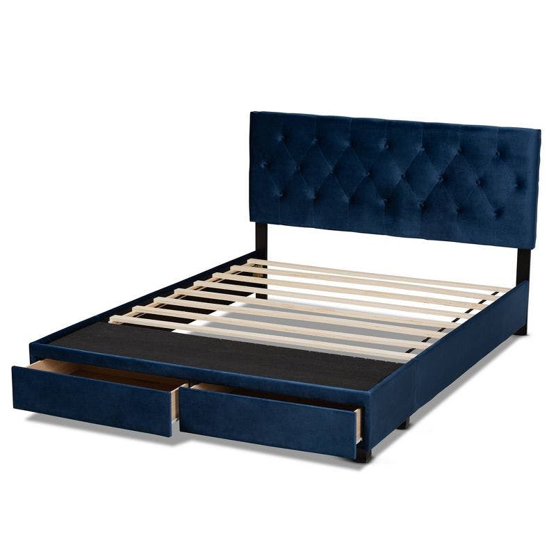 Navy Blue Velvet Queen Storage Bed with Tufted Headboard