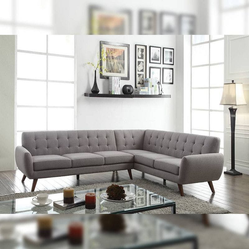 Elegant Mid-Century Light Gray Linen & Wood Sectional Sofa