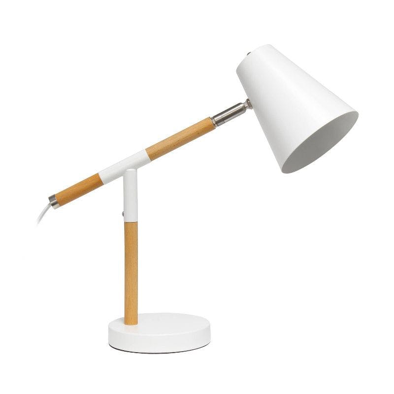 Matte White and Wood Adjustable Pivot Desk Lamp, 16.75" Height