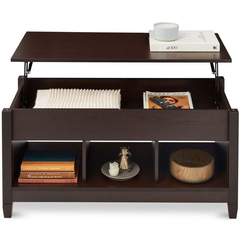 Espresso Lift-Top Coffee Table with Hidden Storage and Cubbies