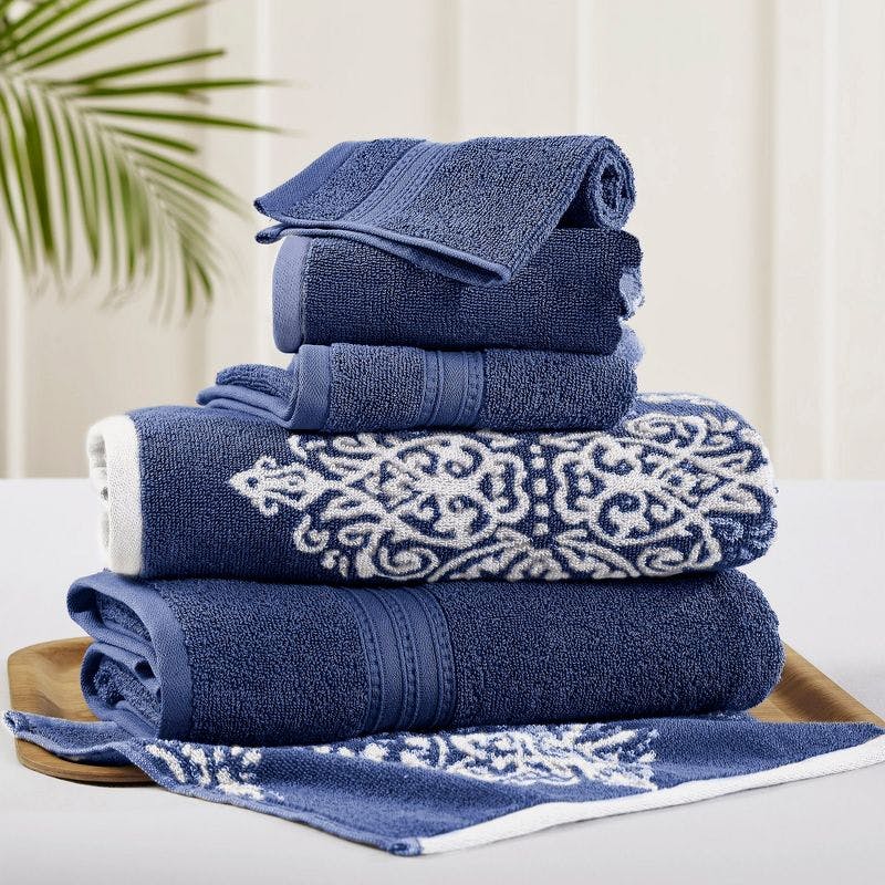Artesia Damask Indigo 6-Piece Luxurious Cotton Bath Towel Set