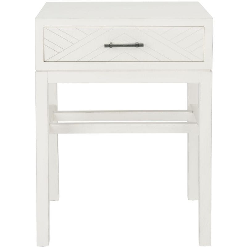 Chevron-Inspired Distressed White Wood & Metal Accent Table with Storage