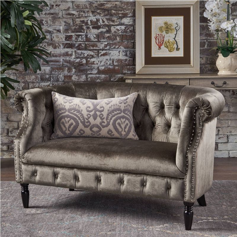 Chesterfield Gray Velvet Tufted Loveseat with Nailhead Accents