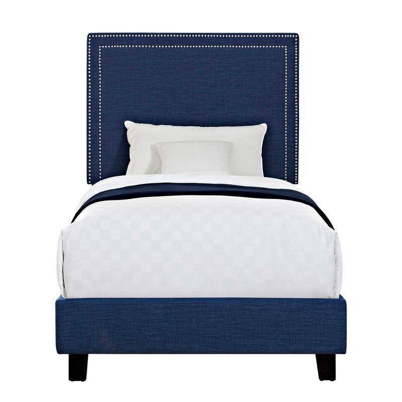 Transitional Blue Twin Upholstered Platform Bed with Nailhead Trim