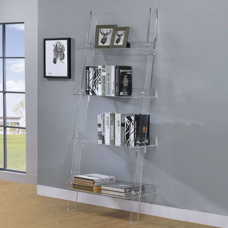 Modern White Acrylic 72'' Ladder Bookcase with 4 Shelves