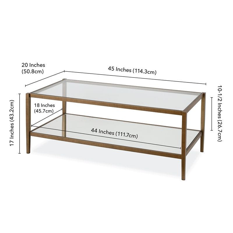 Modern Brass 45" Rectangular Coffee Table with Glass Shelf