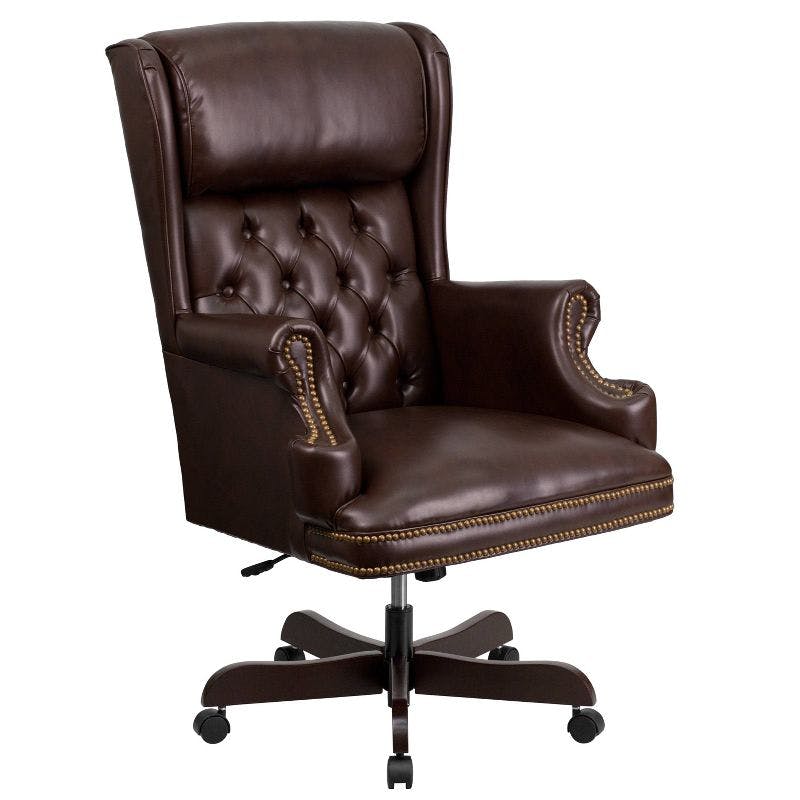 Ergonomic High-Back Executive Chair in Brown LeatherSoft with Mahogany Wood Base