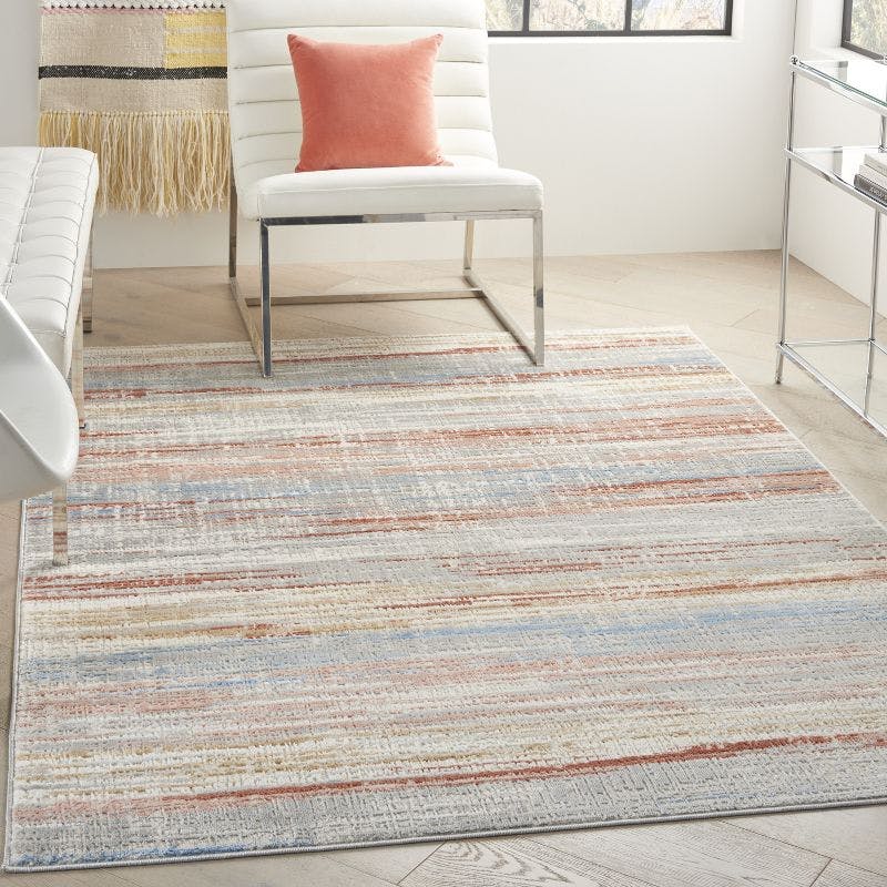 Ivory Multicolor Abstract Synthetic 5' x 7' Easy-Care Area Rug