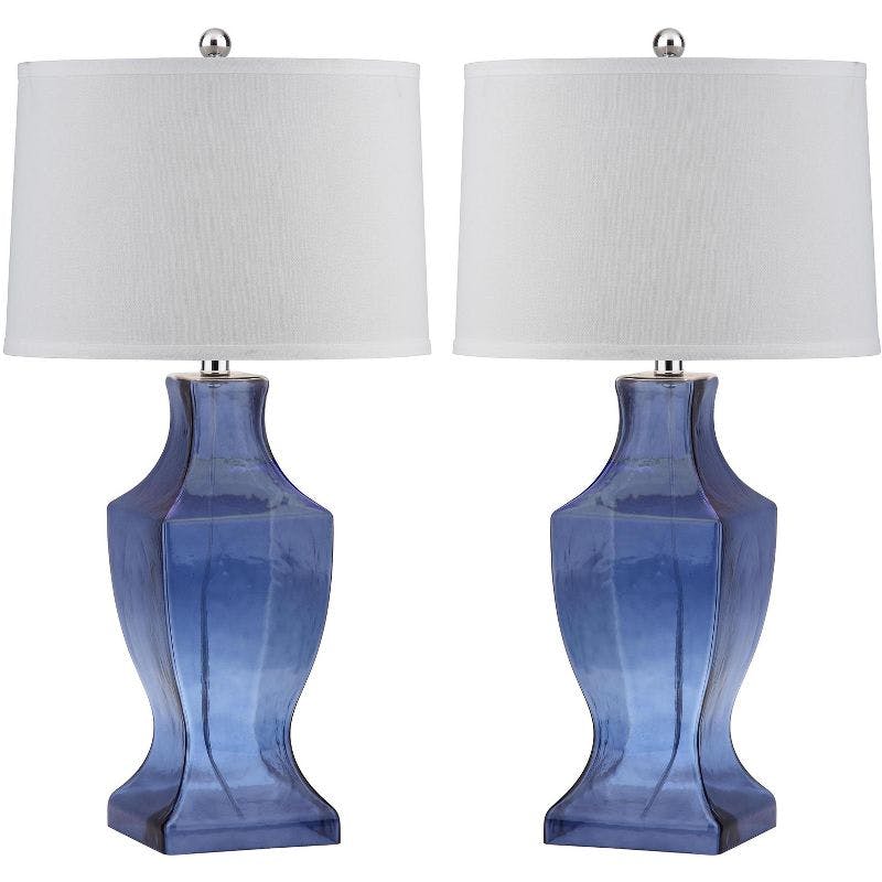 Elegant Blue Glass Urn Table Lamp Set with White Cotton Shade