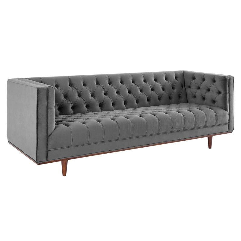 Elation 90.5'' Gray Faux Leather Tufted Sofa with Wood Frame
