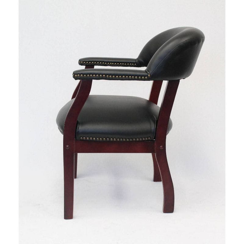 Elegant Mahogany Wood & Black Faux Leather Upholstered Arm Chair