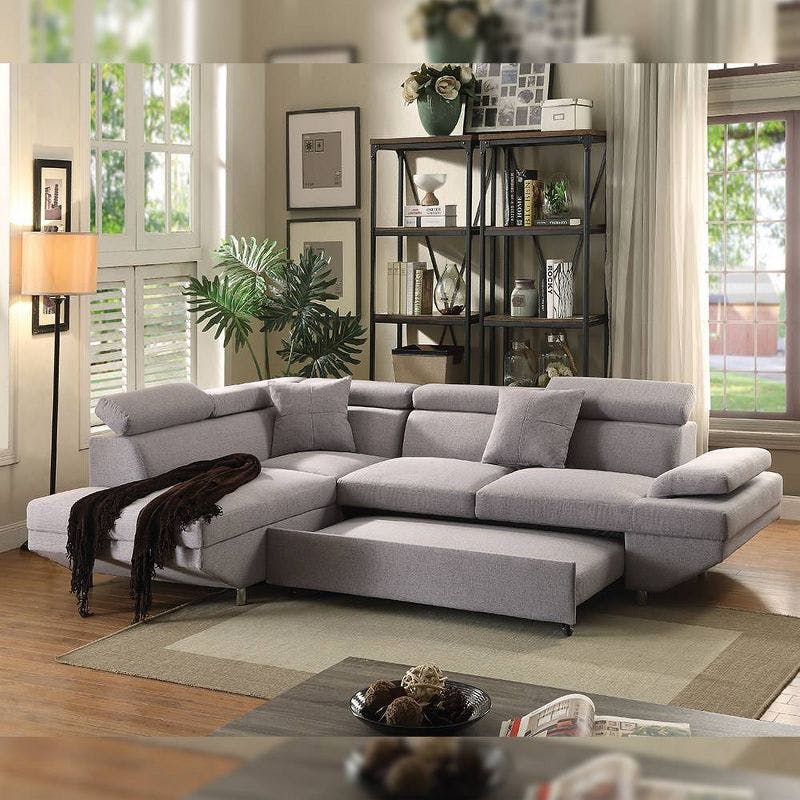 Cozy Gray Fabric Two-Piece Sectional Sofa with Wood Accents