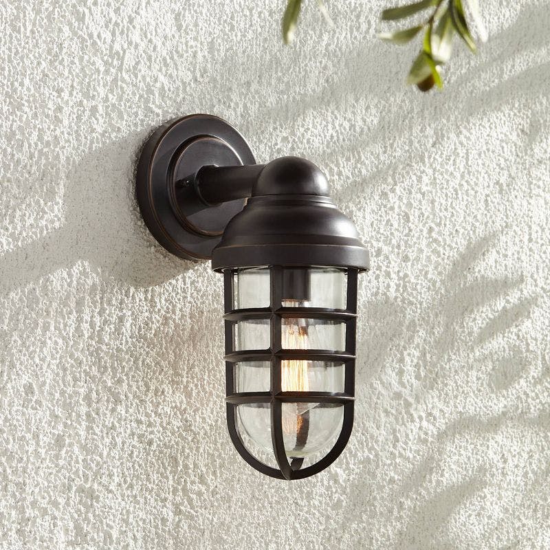 Marlowe Rustic Bronze Cage Outdoor Wall Light with Glass Shade