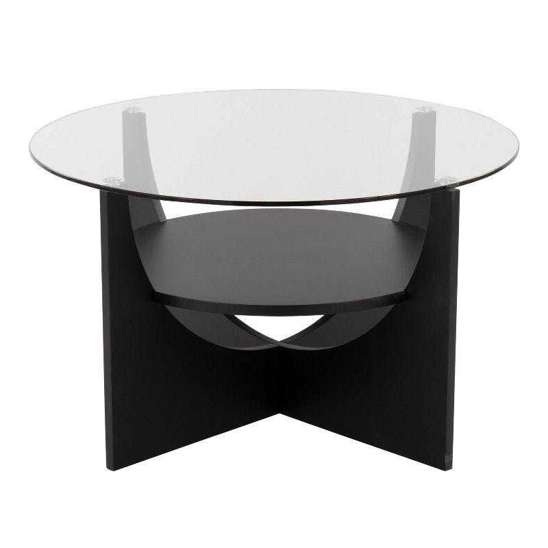 34" Circular Black Wood & Clear Glass Coffee Table with Storage Shelf