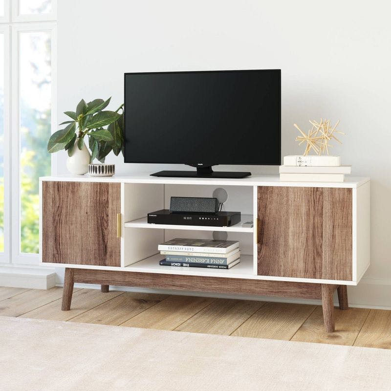 Wesley Scandinavian 47'' White and Rustic Oak Media Console with Cabinet