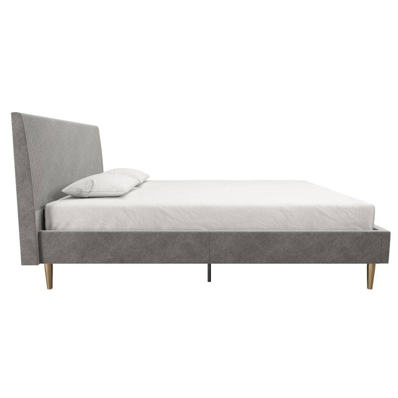 Daphne Light Gray Velvet Upholstered Bed with Brass Toned Legs