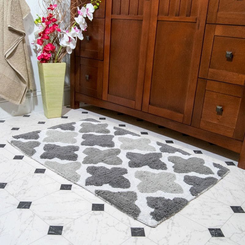 Moroccan Tiles Inspired Plush Gray Bath Rug Set - 2 Pieces