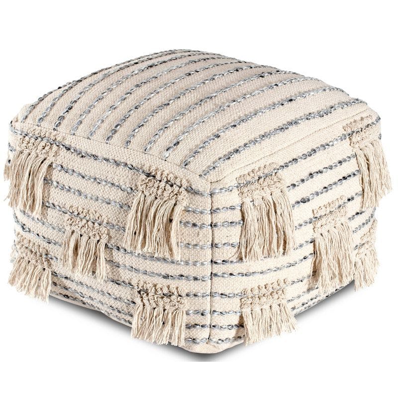 Ivory Striped Tasseled Pouf Ottoman in Soft Cotton & Luxe Polyester