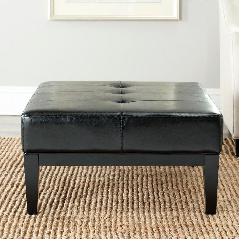Transitional Black Tufted Cocktail Ottoman with Birch Wood Legs