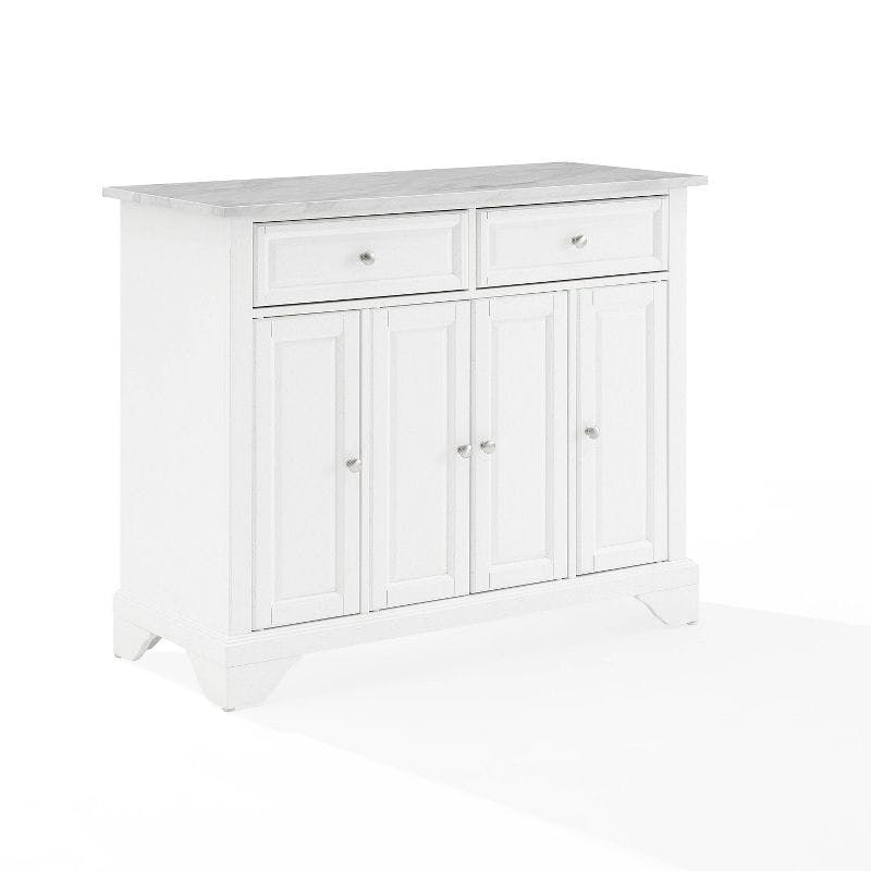Avery Distressed White Kitchen Island Cart with Faux Marble Top