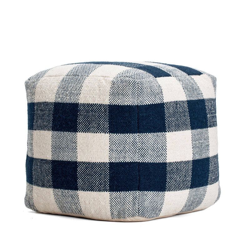 Midnight Blue and Ivory Square Wool-Cotton Blend Pouf