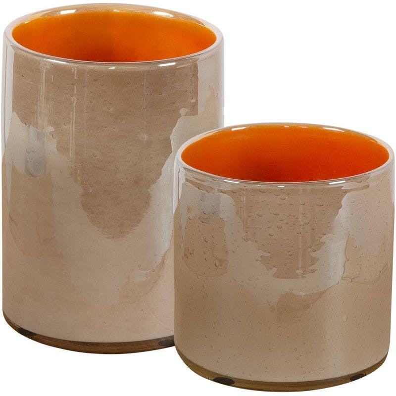 Iridescent Bubbled Glass Decorative Vases, White and Orange