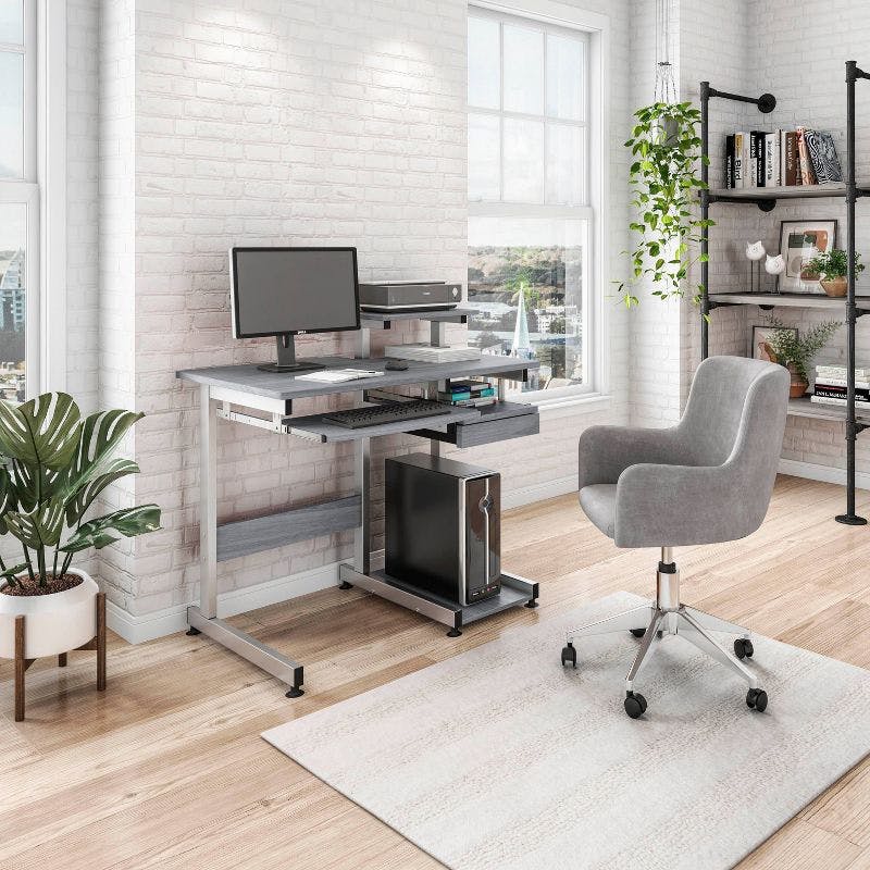 Sleek Gray MDF and Steel Compact Computer Desk with Drawers
