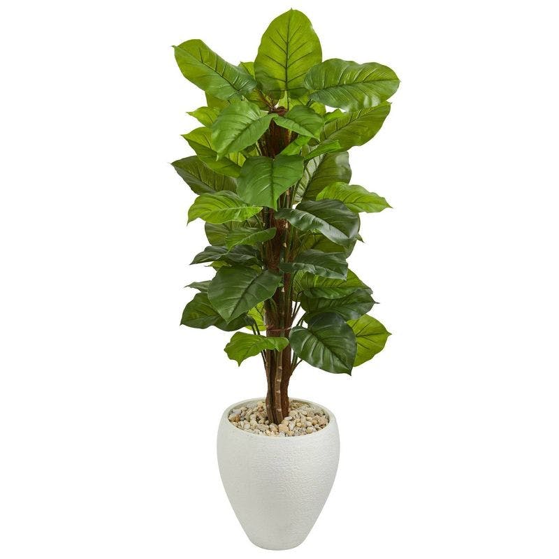Lifelike Large Leaf Philodendron Silk Floor Plant in White Planter