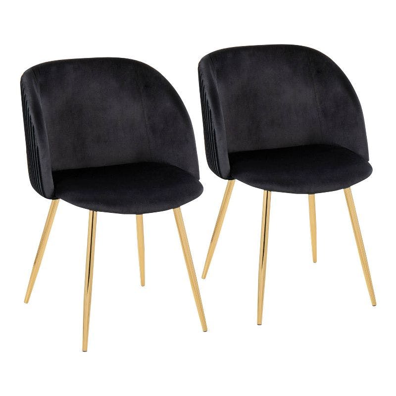 Fran Pleated Black Velvet and Gold Metal Dining Chairs (Set of 2)