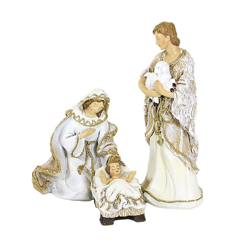Elegant Woven Gold Trim Nativity Set - 8" Beige Polyresin Figures