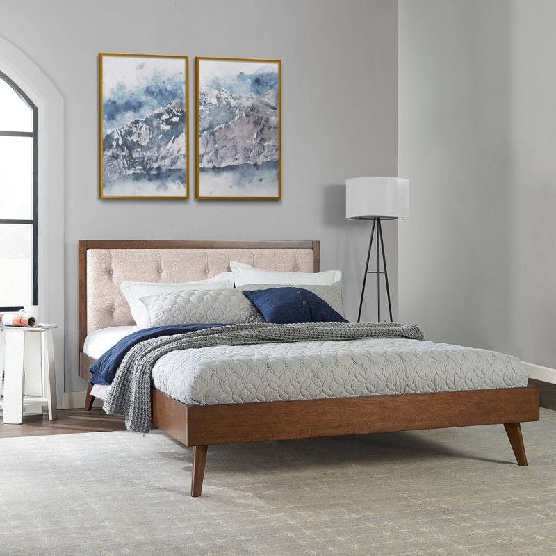 Reid Mid-Century Oatmeal Tufted Queen Platform Bed with Slats