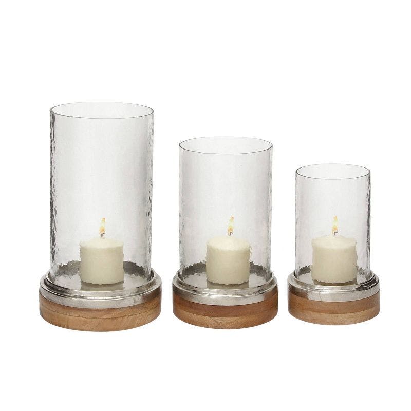 Elegant Traditional Wood & Glass Hurricane Candle Lantern Trio