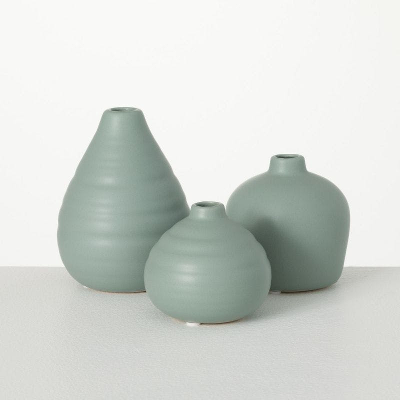 Sage Matte Ceramic Bud Vase Trio Set - Modern Home Accent