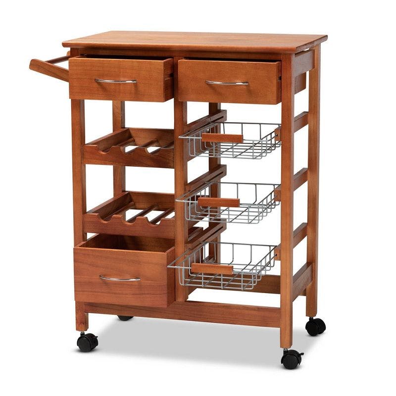 Crayton Oak Brown and Silver Mobile Kitchen Cart with Wine Storage