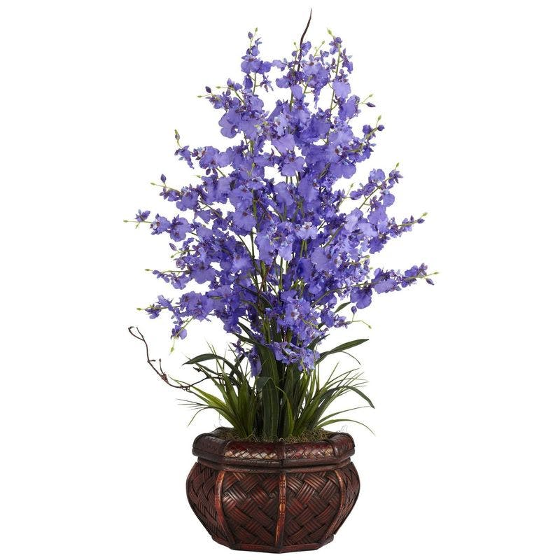 Elegant Dancing Lady Purple Silk Flower Arrangement in Cross Weave Brown Vase