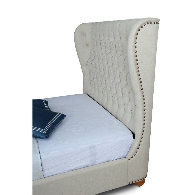 Ivory Linen Upholstered Full Bed with Nailhead Trim and Tufted Headboard