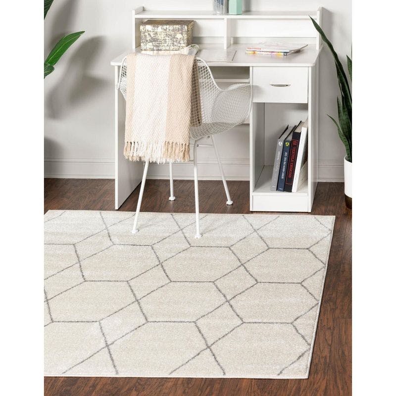 Ivory Square Trellis Frieze Synthetic Area Rug - Stain-Resistant & Easy Care