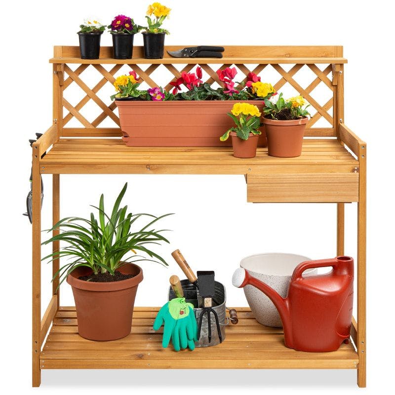 Classic Natural Fir Wood Outdoor Garden Potting Bench with Storage