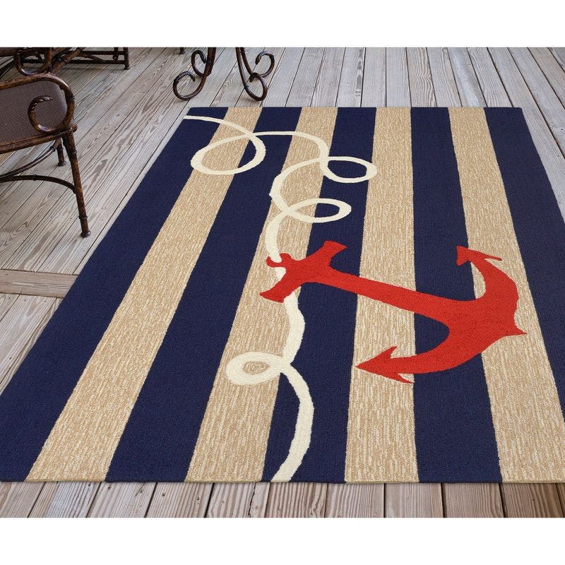 Nautical Anchor Navy and White Hand-Tufted Indoor/Outdoor Rug