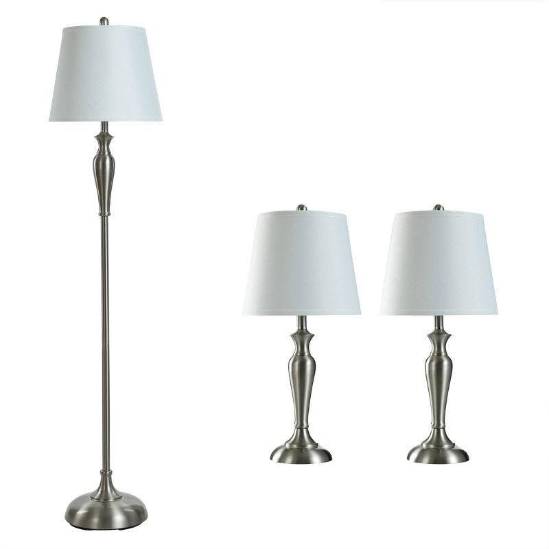 Elegant Trio Brushed Steel Lamp Set with White Hardback Shades