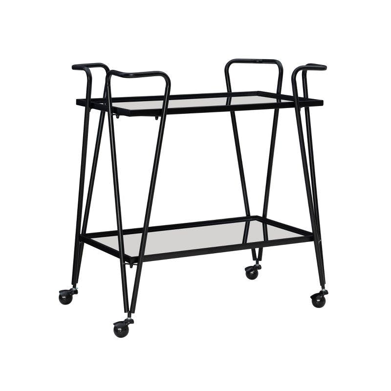 Lawsonia Sleek Black Iron & Mirrored 2-Tier Mobile Bar Cart